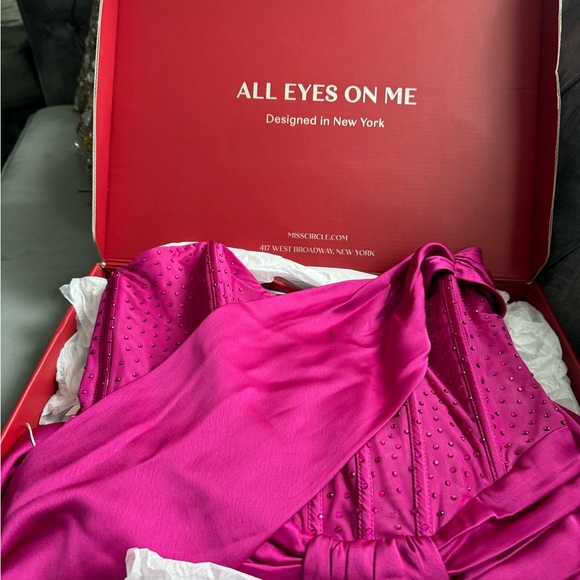 Miss Circle Darlene Fuchsia Off Shoulder Corset Satin Dress With Crystals - Picture 6 of 9